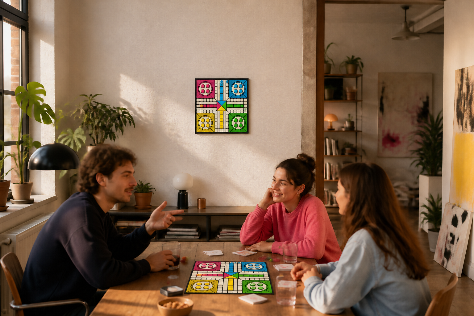 Das vierfarbige quadratische Wall Art Game hängt im Wohnraum und liegt gleichzeitig zum Spielen auf dem Tisch